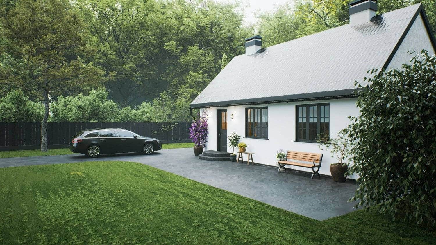 Smooth asphalt driveway leading to a modern white home with a car parked outside before the winter season.